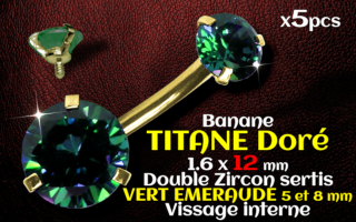 Banane titane GOLD- vissage interne - 1.6 x 12 - Double zircon emeraude 5 et 8 mm