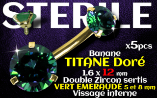 Banane titane GOLD- vissage interne - 1.6 x 12 - Double zircon emeraude 5 et 8 mm - STERILE