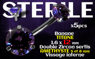 Banane titane GOLD- vissage interne - 1.6 x 12 - Double zircon amethyste 5 et 8 mm - STERILE