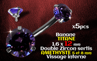 Banane titane GOLD- vissage interne - 1.6 x 12 - Double zircon amethyste 5 et 8 mm -