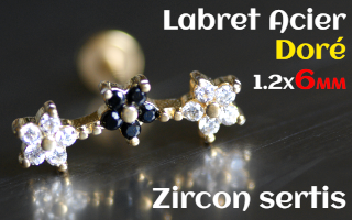 labret 1.2x6 Acier Dore - zircon sertis