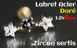 labret 1.2x8 Acier Dore - zircon sertis