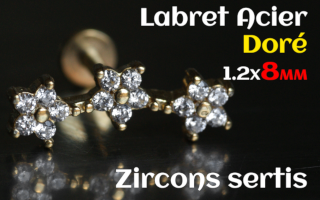 labret 1.2x8 Acier Dore - zircon sertis