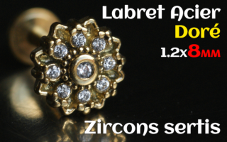 labret 1.2x8 Acier Dore - zircon sertis