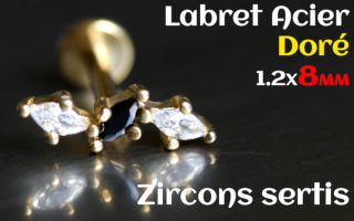 labret 1.2x8 Acier Dore - zircon sertis