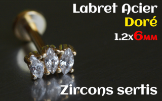 labret 1.2x6 Acier Dore - zircon sertis