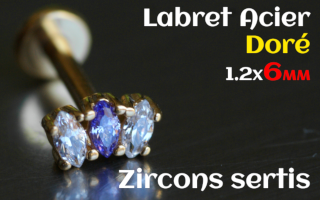 labret 1.2x6 Acier Dore - zircon sertis