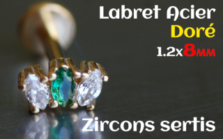 labret 1.2x8 Acier Dore - zircon sertis