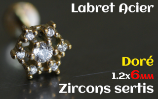 labret 1.2x6 Acier Dore - zircon sertis