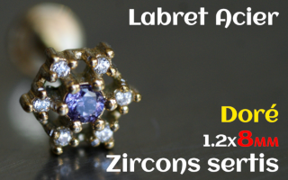 labret 1.2x8 Acier Dore - zircon sertis