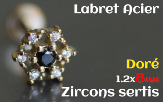 labret 1.2x8 Acier Dore - zircon sertis