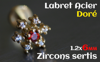 labret 1.2x6 Acier Dore - zircon sertis