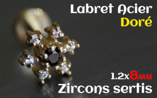 labret 1.2x8 Acier Dore - zircon sertis