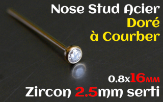 Nose studs a courber Acier Dore 0.8x16 - zircon serti 2.5 mm