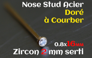 Nose studs a courber Acier Dore 0.8x16 - zircon serti 2 mm