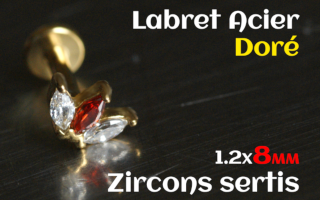 labret 1.2x8 Acier Dore - zircon sertis