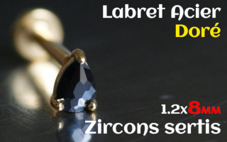 labret 1.2x8 Acier Dore - zircon sertis