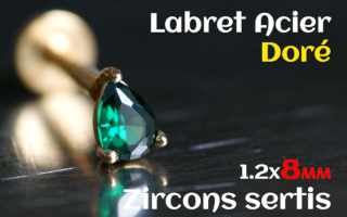 labret 1.2x8 Acier Dore - zircon sertis