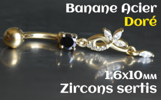 Banane acier Dore 1.6 x 10 - zircons sertis