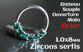 Anneau souple Acier fermeture main 1.0 x 8 - zircon sertis