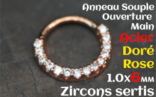 Anneau souple Acier dore Rose fermeture main 1.0 x 6 - zircon sertis