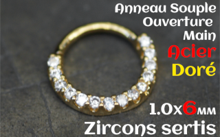 Anneau souple Acier dore fermeture main 1.0 x 6 - zircon sertis