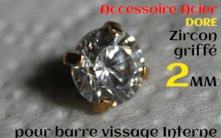 Accessoires Acier Dore vissage interne 1.0 pour barres creuses 1.2 mm - Zircon Cristal serti 2 mm
