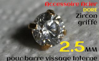 Accessoires Acier Dore vissage interne 1.0 pour barres creuses 1.2 mm - Zircon Cristal serti 2.5 mm