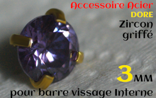 Accessoires Acier Dore vissage interne 1.0 pour barres creuses 1.2 mm - Zircon amethyste serti 3 mm