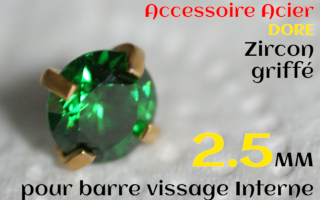 Accessoires Acier Dore vissage interne 1.0 pour barres creuses 1.2 mm - Zircon emeraude serti 2.5 mm