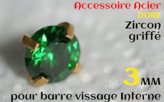 Accessoires Acier Dore vissage interne 1.0 pour barres creuses 1.2 mm - Zircon emeraude serti 3 mm