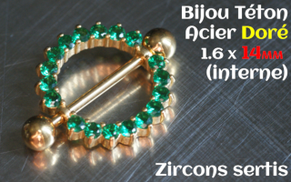 Bijou teton Acier Dore 1.6 x 14 (mesure interne) - Zircon sertis