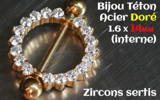 Bijou teton Acier Dore 1.6 x 14 (mesure interne) - Zircon sertis