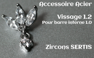 Accessoire pendentif Zircon griffe Acier vissage pour barre interne 1.2 (1.0 interne)
