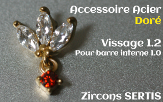 Accessoire pendentif Zircon griffe Acier Dore vissage pour barre interne 1.2 (1.0 interne)