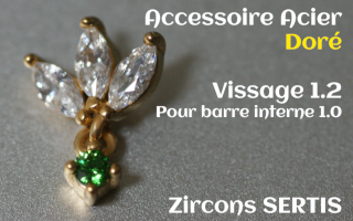 Accessoire pendentif Zircon griffe Acier Dore vissage pour barre interne 1.2 (1.0 interne)