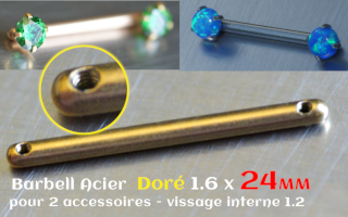 Barre 1.6 x 24 Acier Dore- 2 vissages aux extremites - pour accessoire interne (non livre) - bijou teton