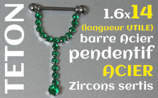 Bijou téton barre acier 1.6 x 14 (longueur interne) - pendentif Acier Zircons sertis
