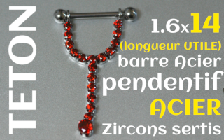 Bijou téton barre acier 1.6 x 14 (longueur interne) - pendentif Acier Zircons sertis