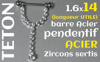 Bijou téton barre acier 1.6 x 14 (longueur interne) - pendentif Acier Zircons sertis
