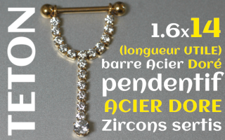 Bijou téton barre acier Dore 1.6 x 14 (longueur interne) - pendentif Acier Zircons sertis