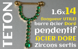 Bijou téton barre acier Dore 1.6 x 14 (longueur interne) - pendentif Acier Zircons sertis