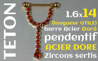 Bijou téton barre acier Dore 1.6 x 14 (longueur interne) - pendentif Acier Zircons sertis
