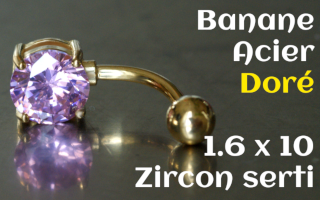 banane Acier 1.6 x 10 - Zircon serti 8 mm - Acier dore