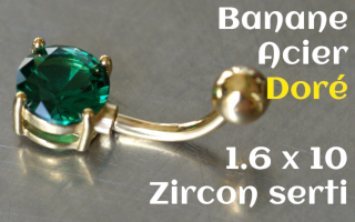 banane Acier 1.6 x 10 - Zircon serti 8 mm - Acier dore