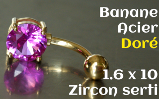banane Acier 1.6 x 10 - Zircon serti 8 mm - Acier dore