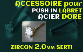 Accessoire sans vissage - zircon 2 mm griffe acier dore pour labret Push in