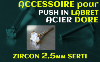 Accessoire sans vissage - zircon 2.5 mm griffe acier dore pour labret Push in