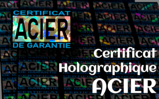 Planche de 20 certificats ACIER 4cm x3cm cartonne. Impression Holographique au recto. Qrcode au verso qui renvoie sur http://certificat-metaux.fr . A remetre à vos clients lors de l achat d un bijou.