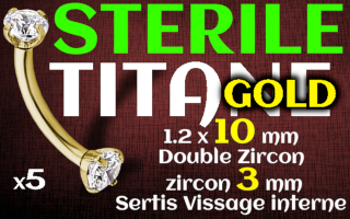 Banane 1.2 x 10 -Titane Dore STERILE - zircon serti 3 mm - vissage interne